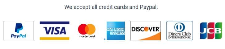 PayPal, Visa, Master Card, American Express, Discover, Diners Club International, JCB